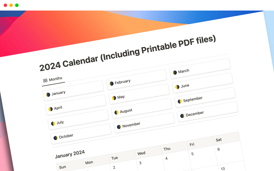 Notion 2024 Calendar Template + Printable PDF Files